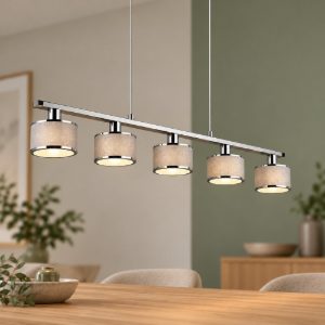 Lampadario 5 luci per sala da pranzo moderno lineare cromo con paralumi in tessuto grigio
