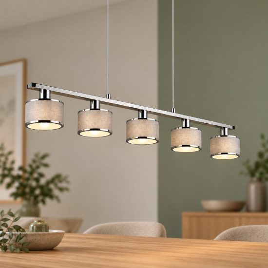 Lampadario 5 luci per sala da pranzo moderno lineare cromo con paralumi in tessuto grigio