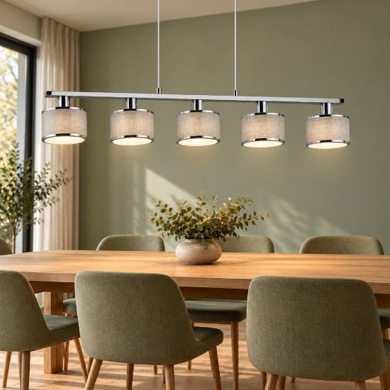 Lampadario 5 luci per sala da pranzo moderno lineare cromo con paralumi in tessuto grigio