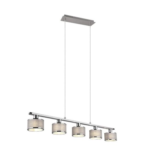 Lampadario 5 luci per sala da pranzo moderno lineare cromo con paralumi in tessuto grigio