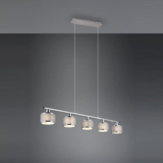 Lampadario 5 luci per sala da pranzo moderno lineare cromo con paralumi in tessuto grigio