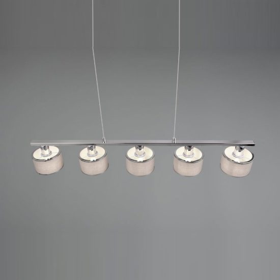 Lampadario 5 luci per sala da pranzo moderno lineare cromo con paralumi in tessuto grigio