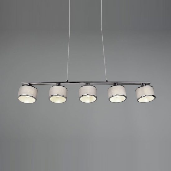 Lampadario 5 luci per sala da pranzo moderno lineare cromo con paralumi in tessuto grigio