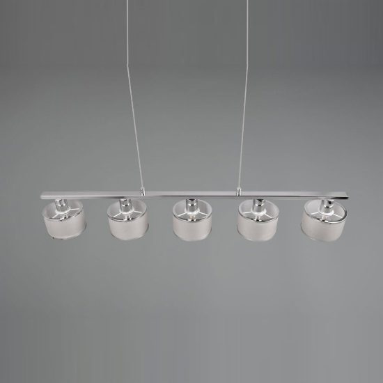 Lampadario 5 luci per sala da pranzo moderno lineare cromo con paralumi in tessuto grigio
