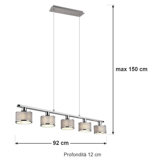 Lampadario 5 luci per sala da pranzo moderno lineare cromo con paralumi in tessuto grigio