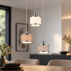 Lampadario a sospensione 3 luci per cucina moderno cromo con paralumi in tessuto