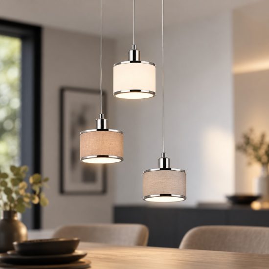 Lampadario a sospensione 3 luci per cucina moderno cromo con paralumi in tessuto