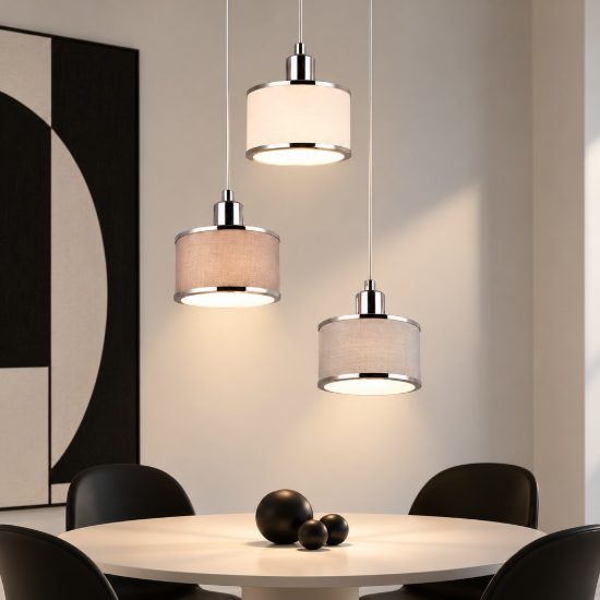 Lampadario a sospensione 3 luci per cucina moderno cromo con paralumi in tessuto