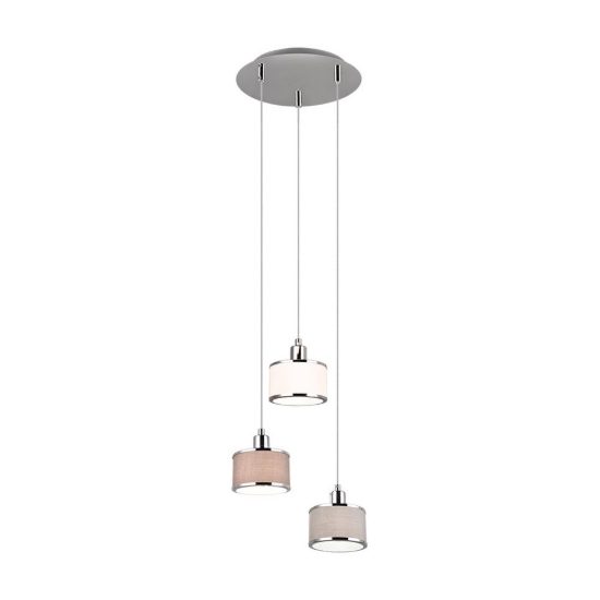 Lampadario a sospensione 3 luci per cucina moderno cromo con paralumi in tessuto