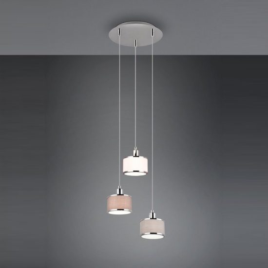 Lampadario a sospensione 3 luci per cucina moderno cromo con paralumi in tessuto