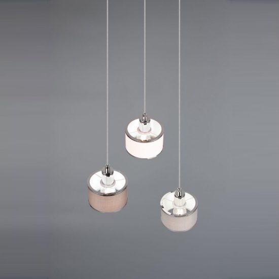 Lampadario a sospensione 3 luci per cucina moderno cromo con paralumi in tessuto
