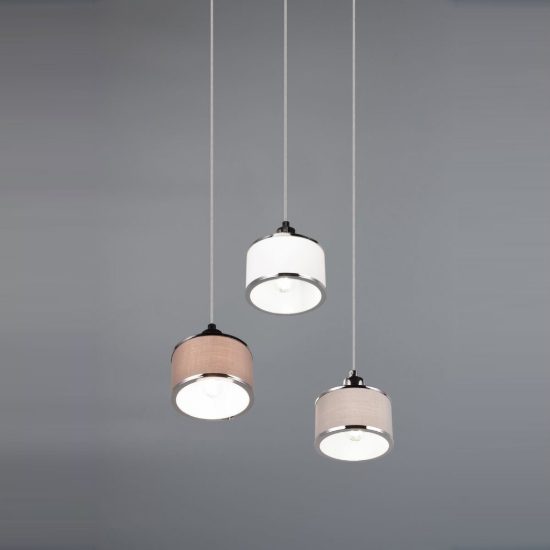 Lampadario a sospensione 3 luci per cucina moderno cromo con paralumi in tessuto
