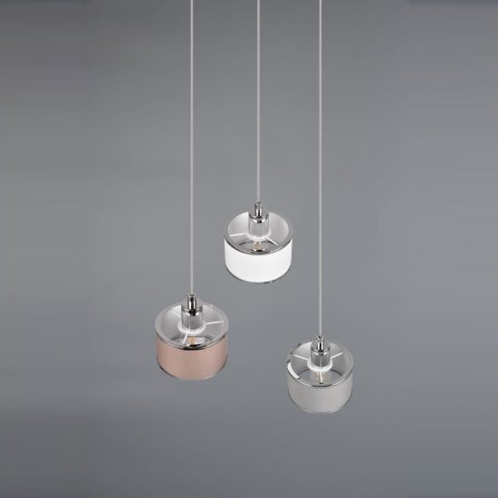 Lampadario a sospensione 3 luci per cucina moderno cromo con paralumi in tessuto