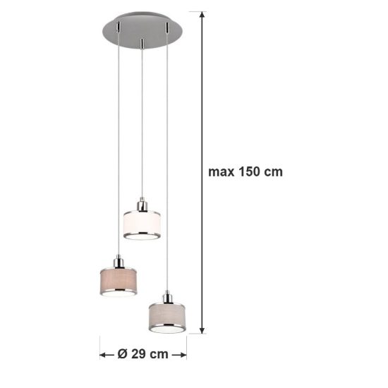 Lampadario a sospensione 3 luci per cucina moderno cromo con paralumi in tessuto