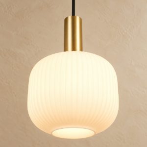 Lampada a sospensione per sala da pranzo moderna ottone satinato con vetro rigato bianco