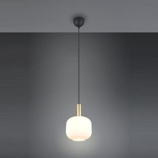 Lampada a sospensione per sala da pranzo moderna ottone satinato con vetro rigato bianco