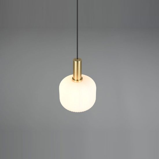 Lampada a sospensione per sala da pranzo moderna ottone satinato con vetro rigato bianco