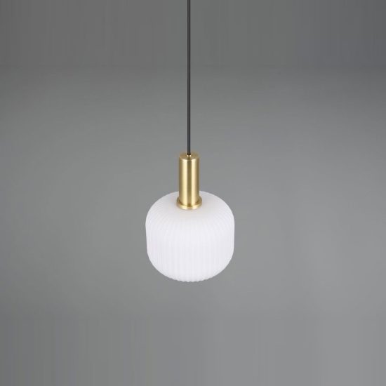 Lampada a sospensione per sala da pranzo moderna ottone satinato con vetro rigato bianco