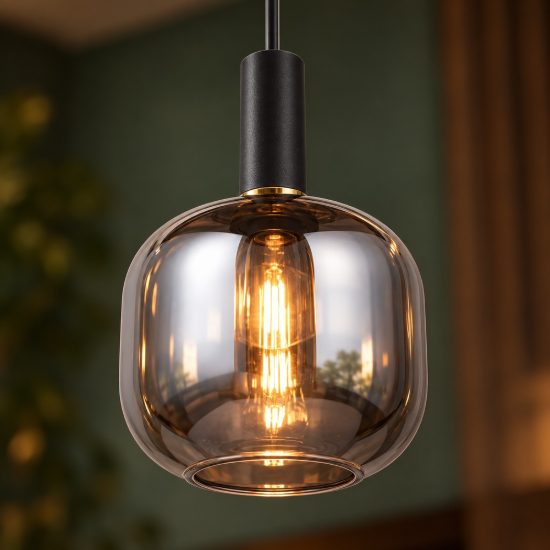 Lampada a sospensione per sala da pranzo moderna nera con vetro cromato