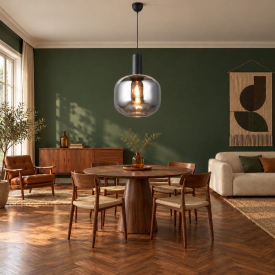 Lampada a sospensione per sala da pranzo moderna nera con vetro cromato