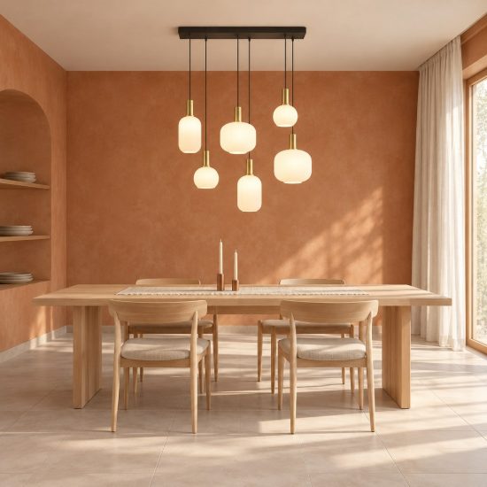 Lampadario a sospensione 6 luci ottone satinato con vetri rigati bianchi assortiti