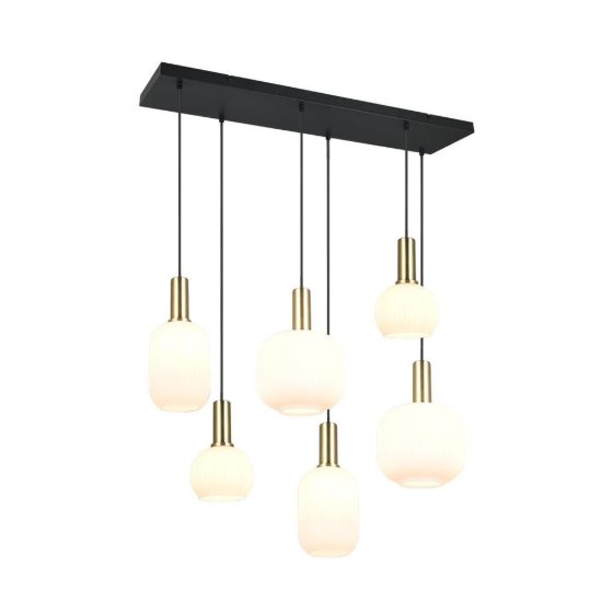 Lampadario a sospensione 6 luci ottone satinato con vetri rigati bianchi assortiti