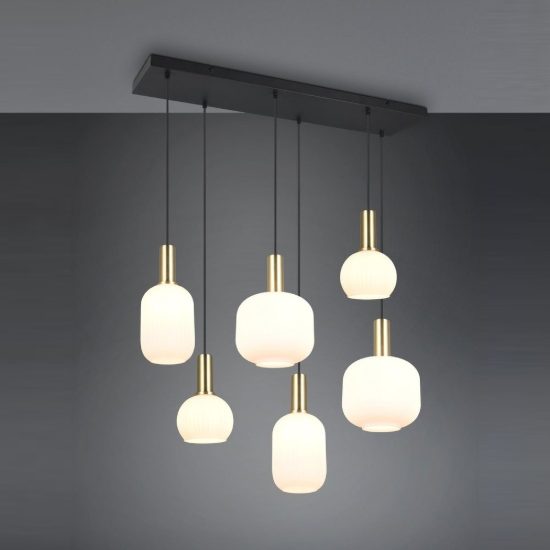 Lampadario a sospensione 6 luci ottone satinato con vetri rigati bianchi assortiti