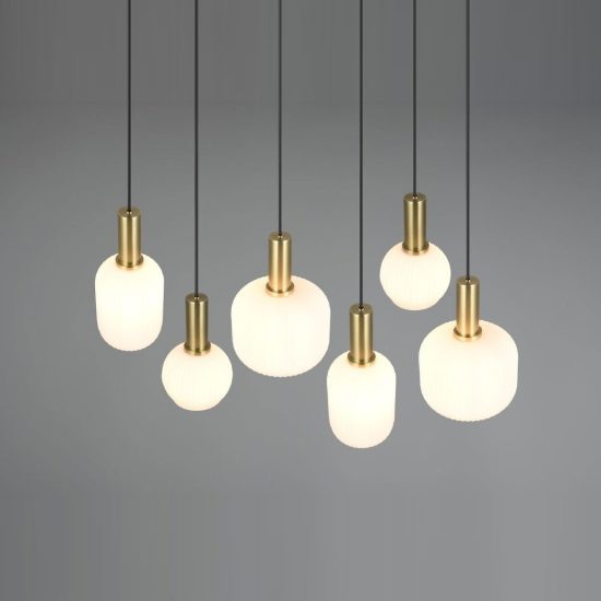 Lampadario a sospensione 6 luci ottone satinato con vetri rigati bianchi assortiti