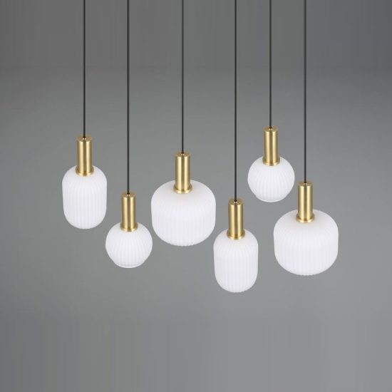 Lampadario a sospensione 6 luci ottone satinato con vetri rigati bianchi assortiti