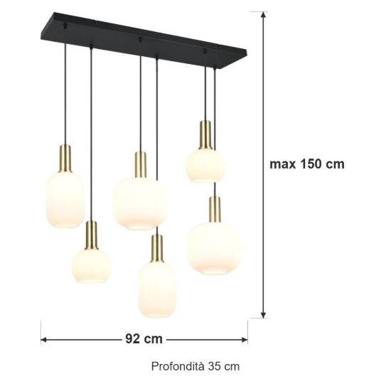 Lampadario a sospensione 6 luci ottone satinato con vetri rigati bianchi assortiti