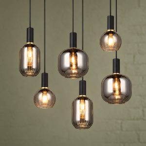 Lampadario a sospensione 6 luci nero con vetri cromati assortiti