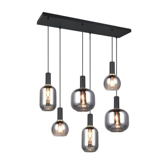 Lampadario a sospensione 6 luci nero con vetri cromati assortiti