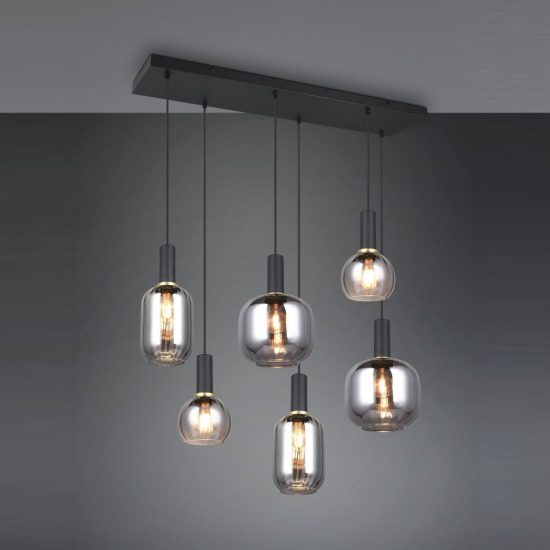 Lampadario a sospensione 6 luci nero con vetri cromati assortiti
