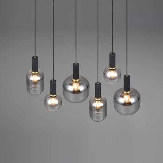 Lampadario a sospensione 6 luci nero con vetri cromati assortiti