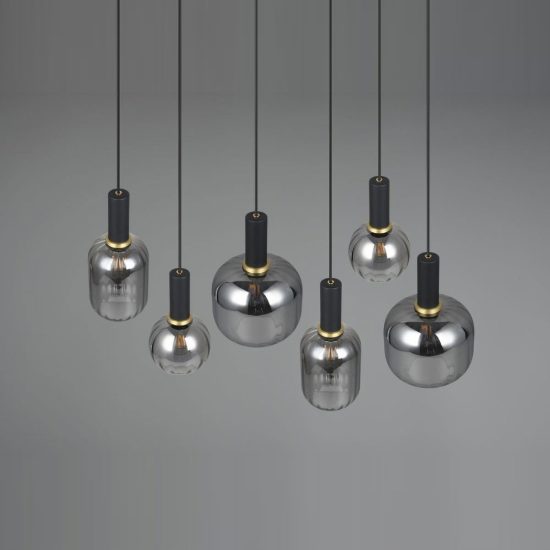 Lampadario a sospensione 6 luci nero con vetri cromati assortiti