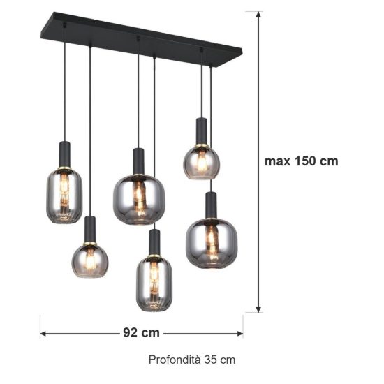 Lampadario a sospensione 6 luci nero con vetri cromati assortiti