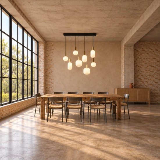 Lampadario a sospensione 8 luci ottone satinato con vetri rigati bianchi assortiti