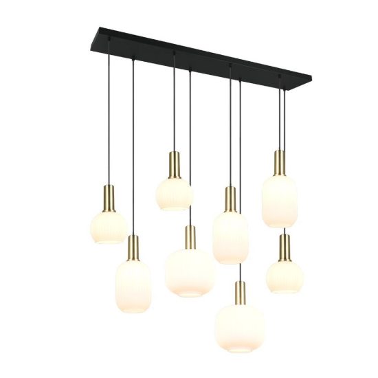 Lampadario a sospensione 8 luci ottone satinato con vetri rigati bianchi assortiti