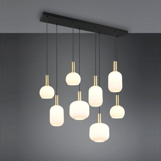 Lampadario a sospensione 8 luci ottone satinato con vetri rigati bianchi assortiti
