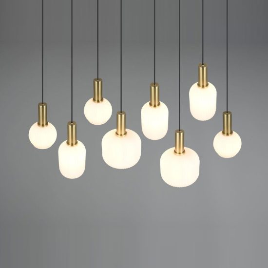 Lampadario a sospensione 8 luci ottone satinato con vetri rigati bianchi assortiti