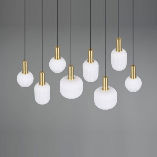 Lampadario a sospensione 8 luci ottone satinato con vetri rigati bianchi assortiti