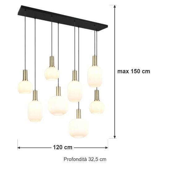 Lampadario a sospensione 8 luci ottone satinato con vetri rigati bianchi assortiti
