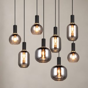Lampadario a sospensione 8 luci nero con vetri cromati assortiti