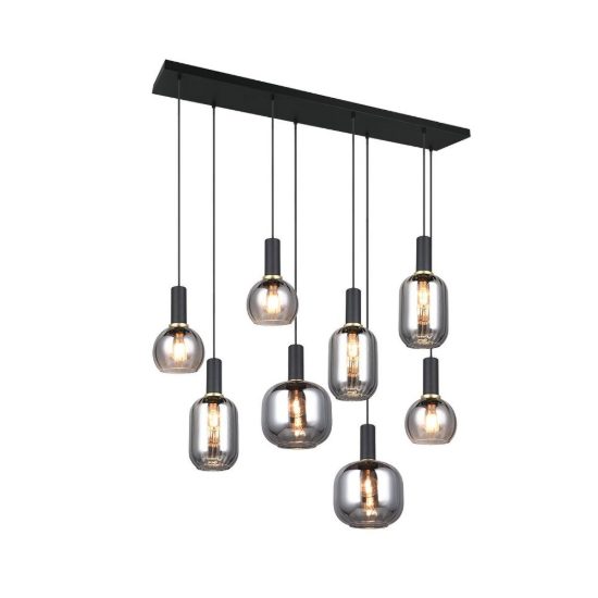 Lampadario a sospensione 8 luci nero con vetri cromati assortiti