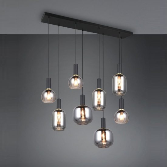 Lampadario a sospensione 8 luci nero con vetri cromati assortiti