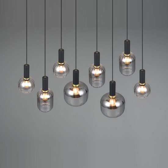 Lampadario a sospensione 8 luci nero con vetri cromati assortiti