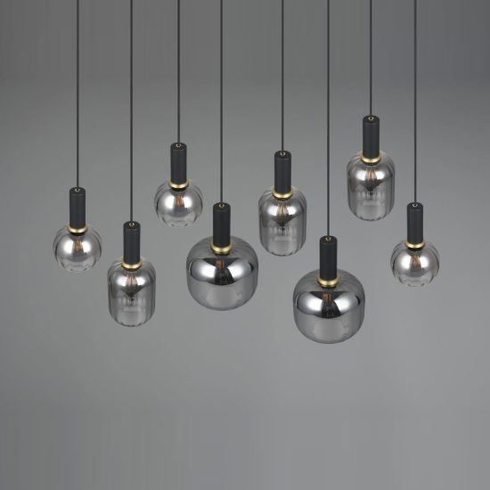 Lampadario a sospensione 8 luci nero con vetri cromati assortiti
