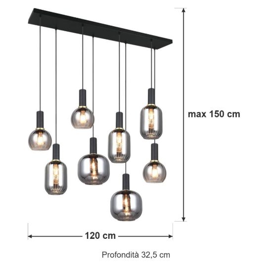 Lampadario a sospensione 8 luci nero con vetri cromati assortiti