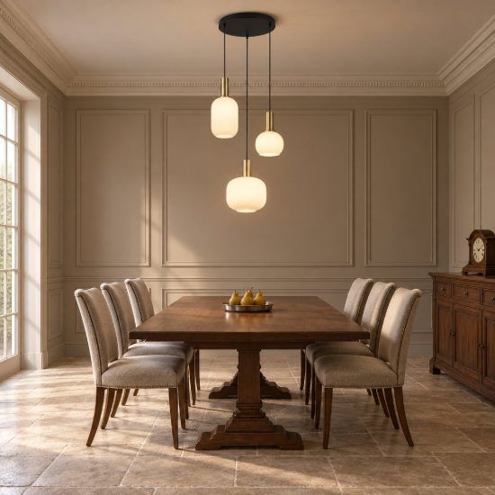 Lampadario a sospensione 3 luci ottone satinato con vetri rigati bianchi assortiti