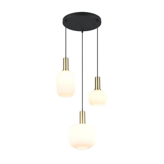Lampadario a sospensione 3 luci ottone satinato con vetri rigati bianchi assortiti